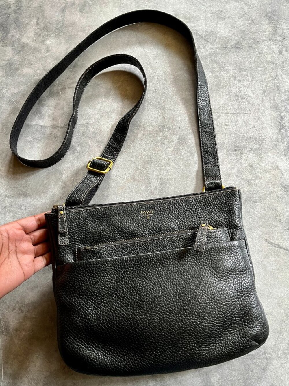 Fossil Tessa Black Leather Pebbled Crossbody Bag with Adjustable Strap